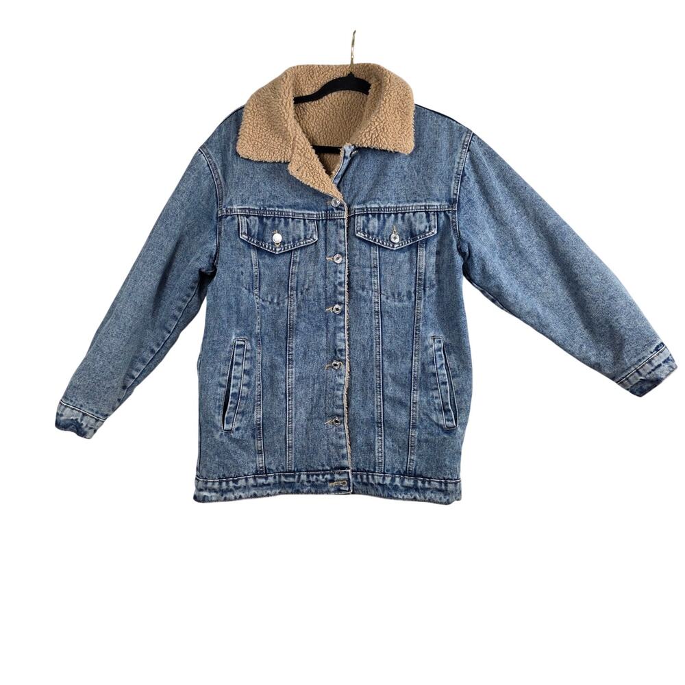 Hengsheng Sherpa Lined Denim Jacket Womens Large Blue Jean Trucker Coat Utility